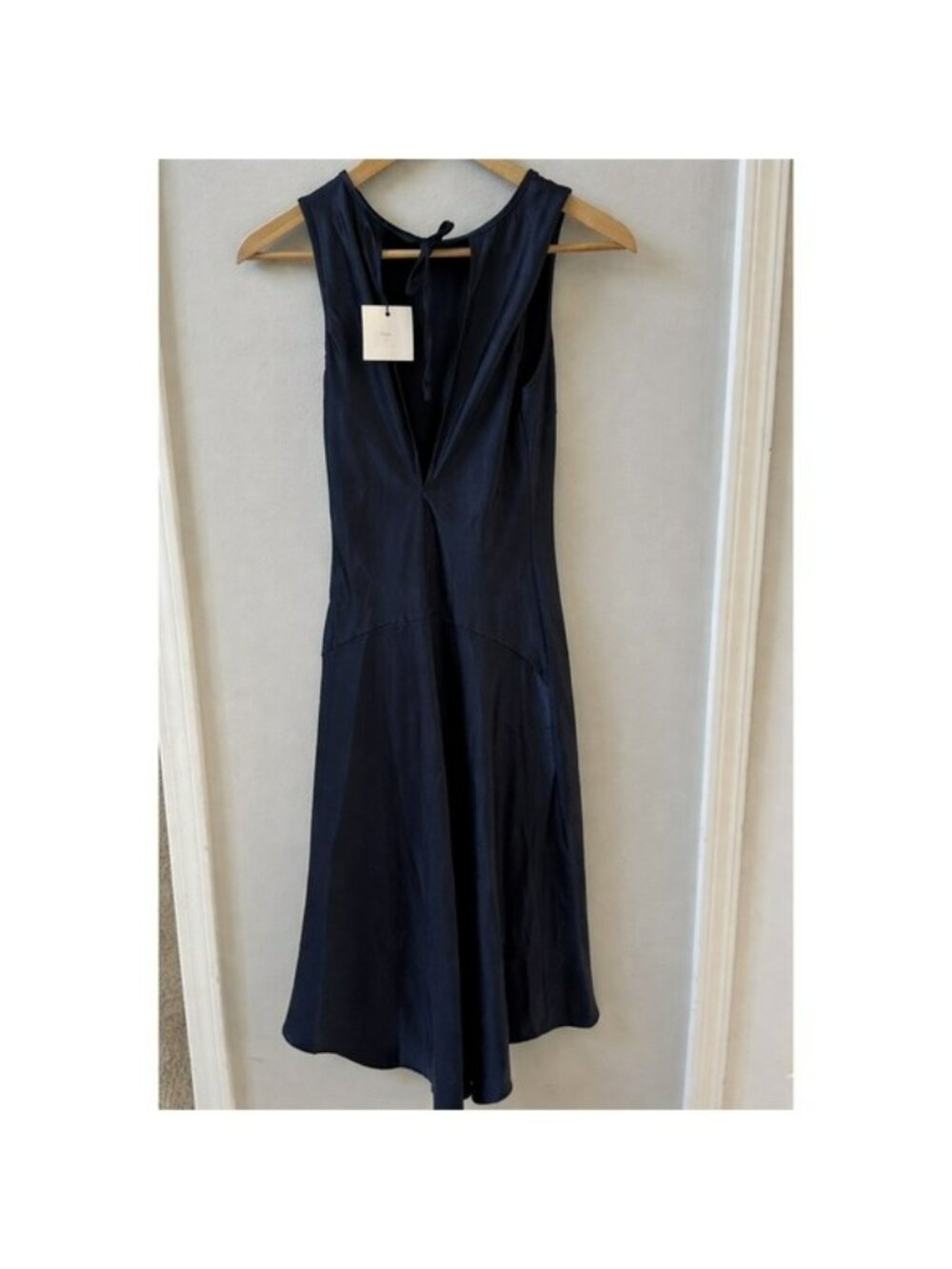 NWT Whyte Valentyne Navy Blue Satin Open Back Tie Neck Midi Dress Womens Size 10